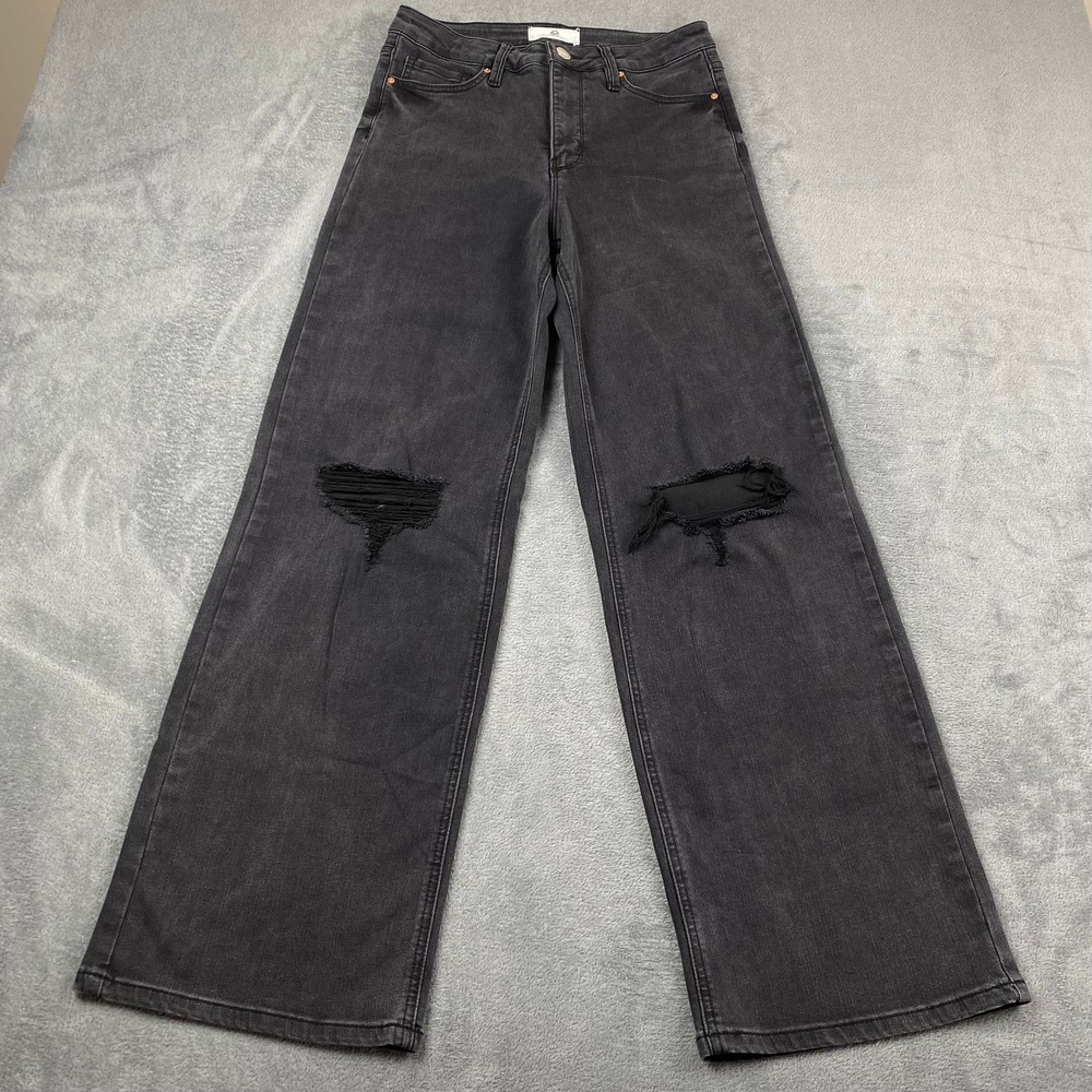 RFM Los Angeles Juniors 7/28 Wide Leg Jeans Black Distressed Ripped High Rise